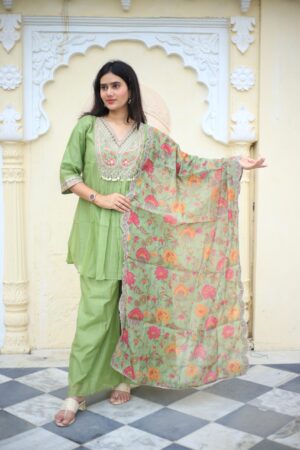Pastel Embroidered Kurti Set with Floral Print Dupatta