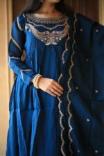Royal Blue Embroidered Anarkali Kurti Set with Dupatta