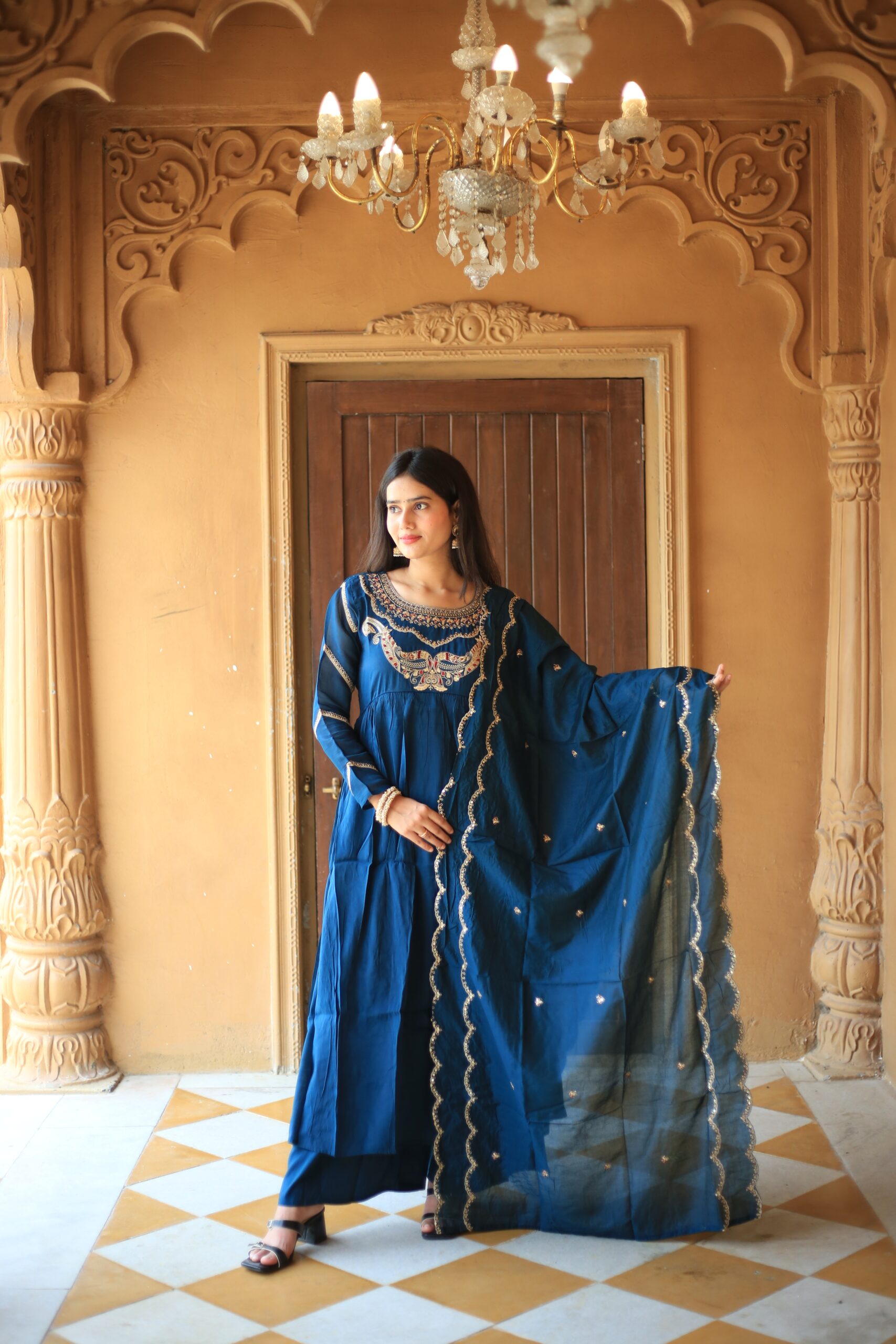 Royal Blue Embroidered Anarkali Kurti Set with Dupatta-3
