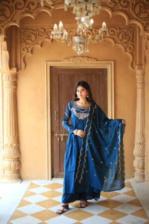 Royal Blue Embroidered Anarkali Kurti Set with Dupatta