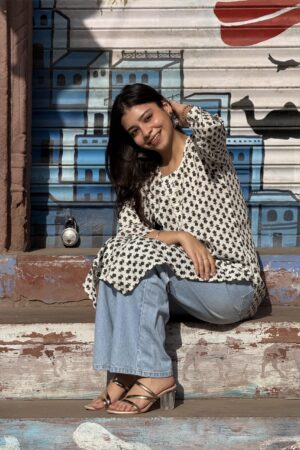 Ivory Noir Blockprint Kurti