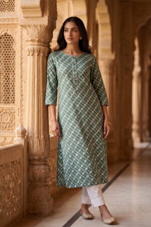 Sage Blossom Printed Cotton Kurti