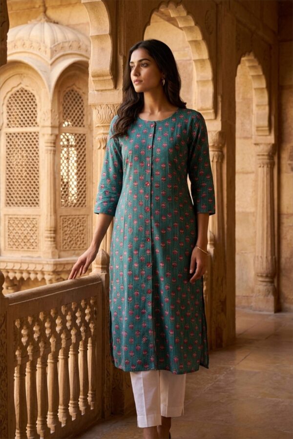 Teal Blossom Cotton Kurti